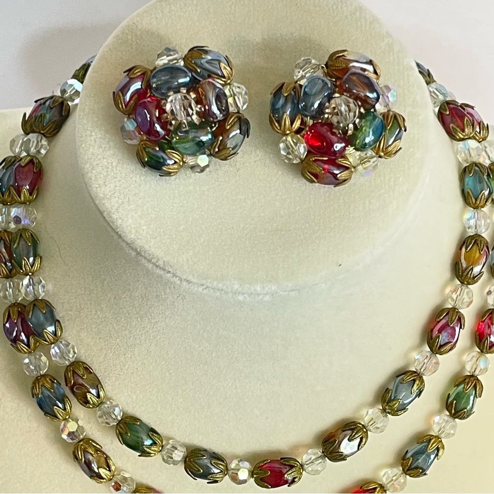 Vtg Rainbow Jewels Gold Capped Glass Bead Iridescent Choker Earrings Demi Parure